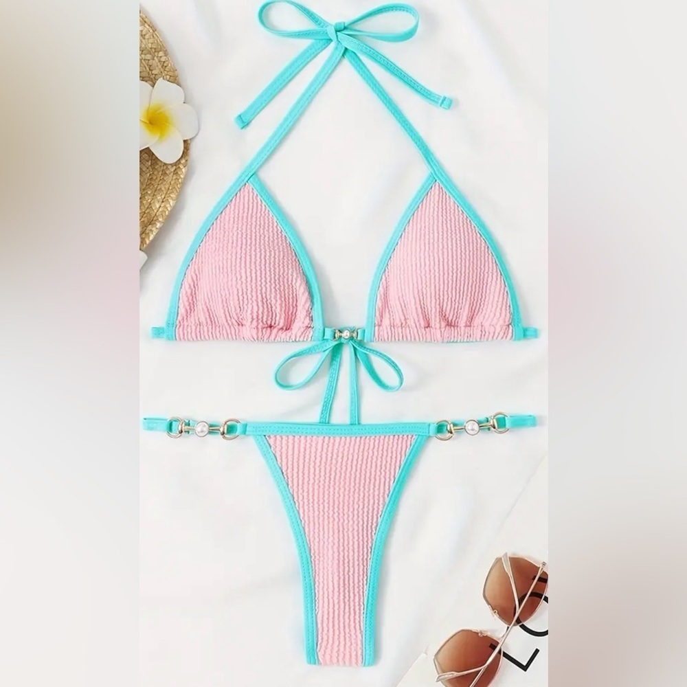 Pink Ribbed Triangle Halter Thong Bikini Set - Picture 3 of 6